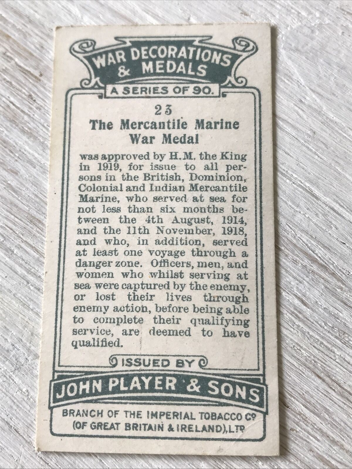 Players Cigarette Card War Decoratiions & Medals No 23 Mercantile Marine War Med