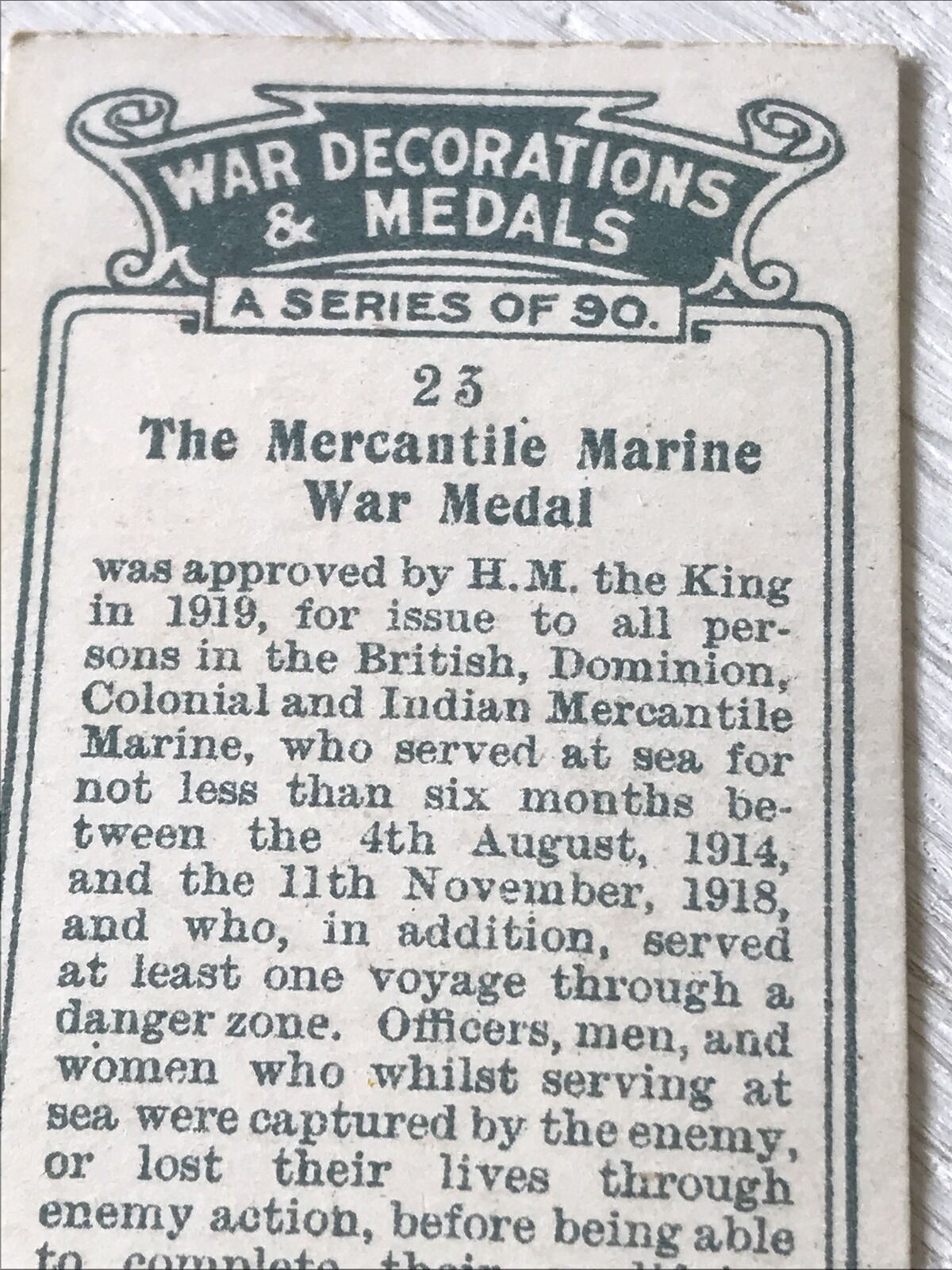 Players Cigarette Card War Decoratiions & Medals No 23 Mercantile Marine War Med