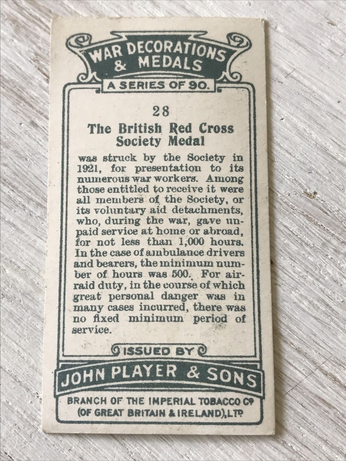 BRITISH RED CROSS SOCIETYPlayers Cigarette Card War Decoratiions & Medals No 28