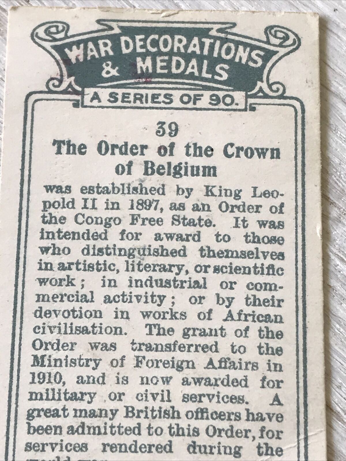 ORDER OF THE CROWN OF BELGIUM Players Cig Card War Decorations & Medals No 39