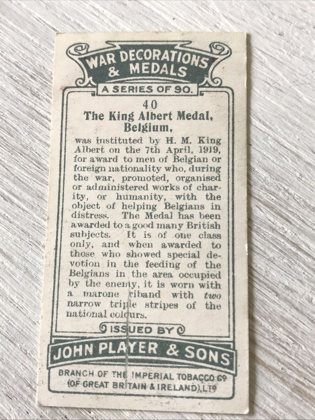 King Albert Medal Belgium Players Cigarette Card War Decorations & Medals No 40