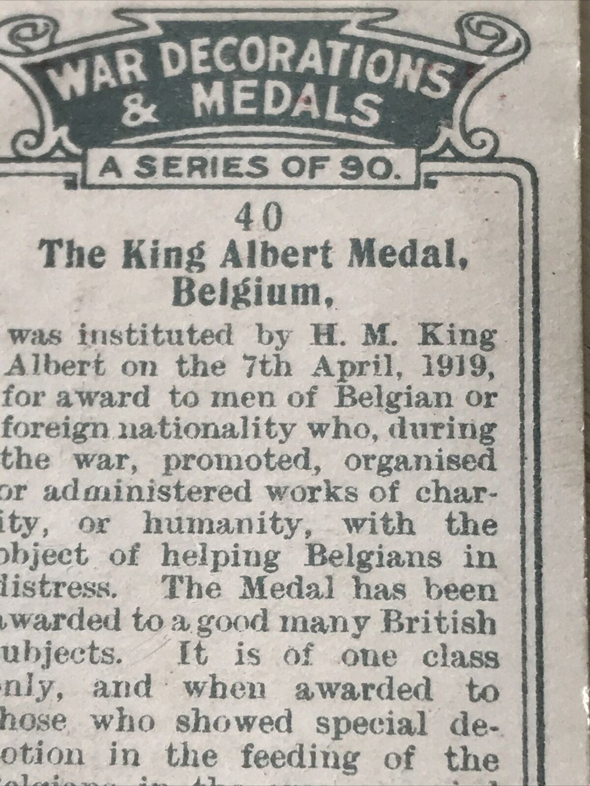 King Albert Medal Belgium Players Cigarette Card War Decorations & Medals No 40