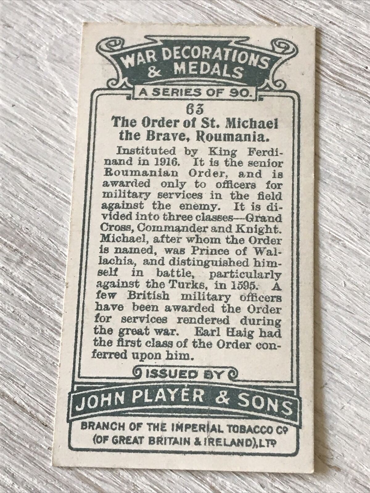 Players Cigarette Card War Decoratiions & Medals No 63 Order Of St Michael Brave