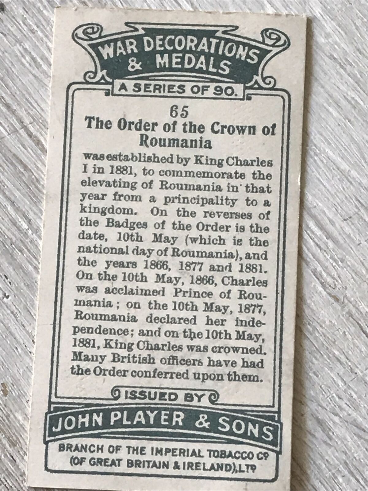 Players Cigarette Card War Decoratiions & Medals No 65 Order Of The Crown Of Rou