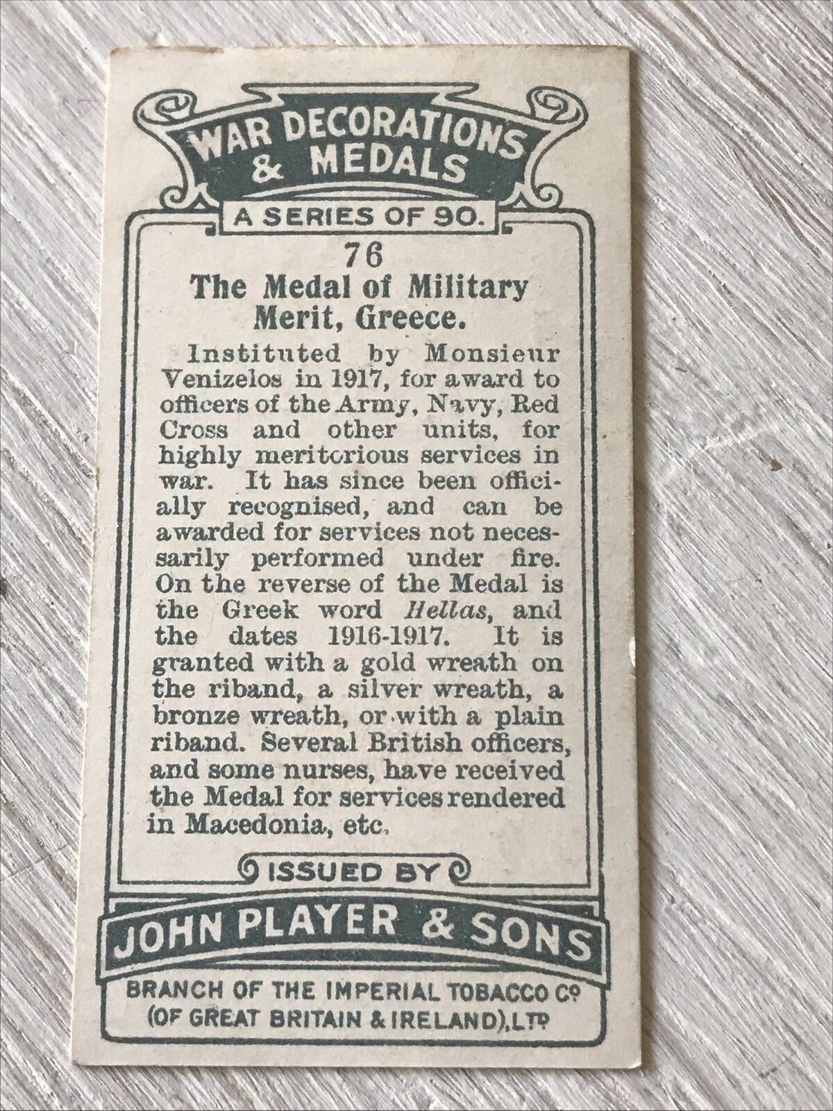 Players Cigarette Card War Decoratiions & Medals No 76 Medal Of Military Merit