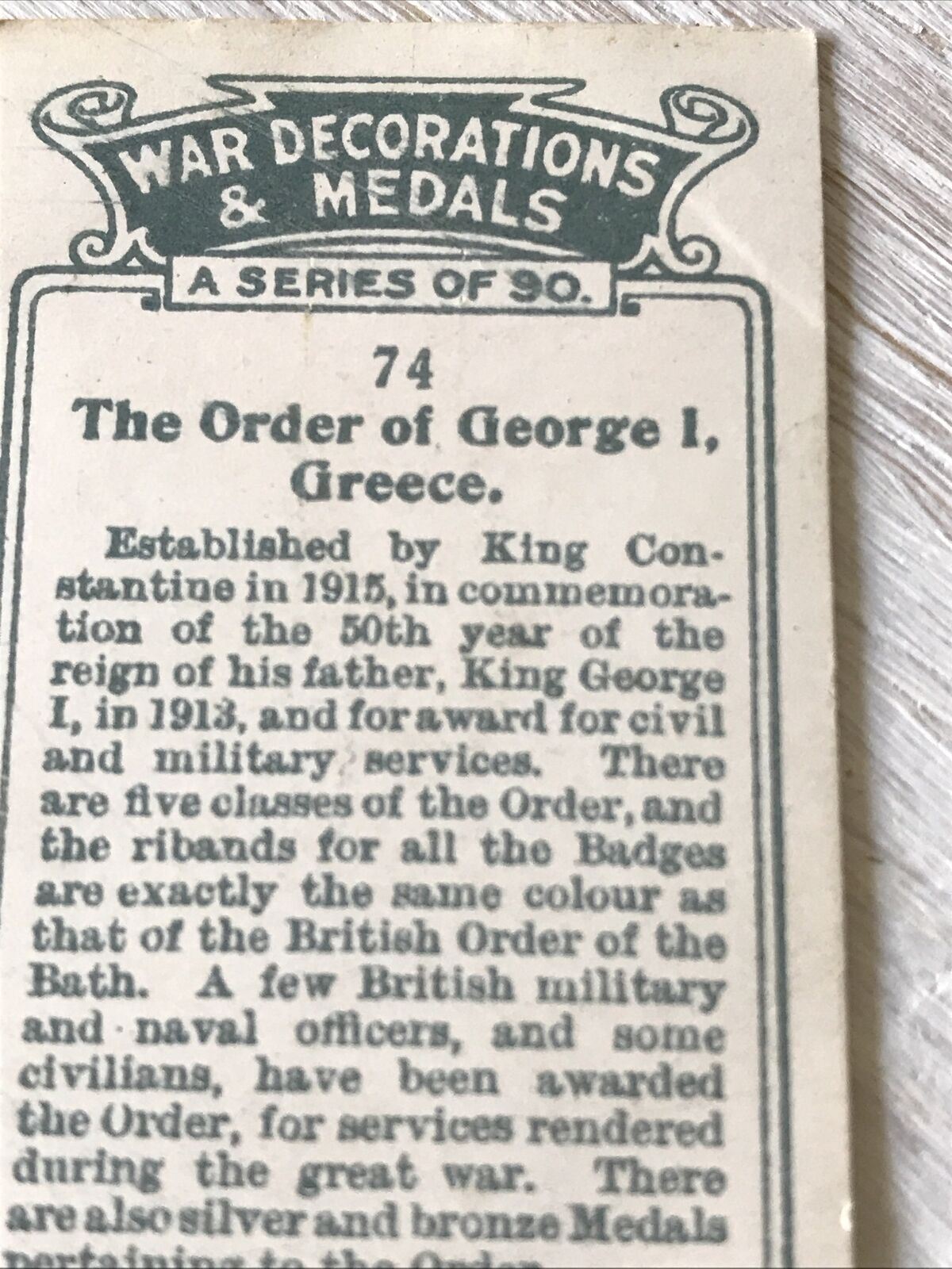 Players Cigarette Card War Decoratiions & Medals No 74 Order Of George 1 Greece