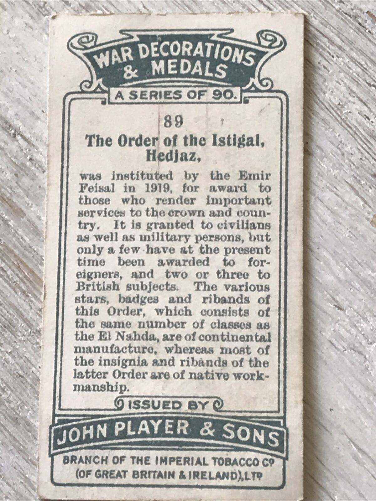 Players Cigarette Card War Decoratiions & Medals No 89 Order Of The Istigal