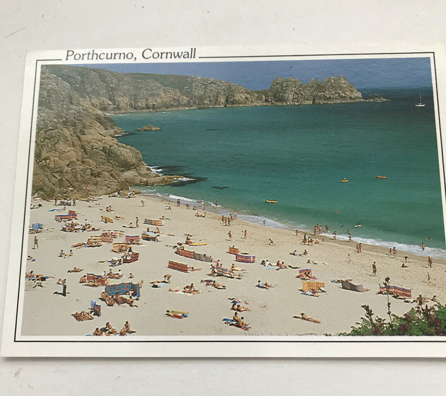 Postcard Porthcurno Cornwall Beach Scene Families Sea Cliffs Old Unused