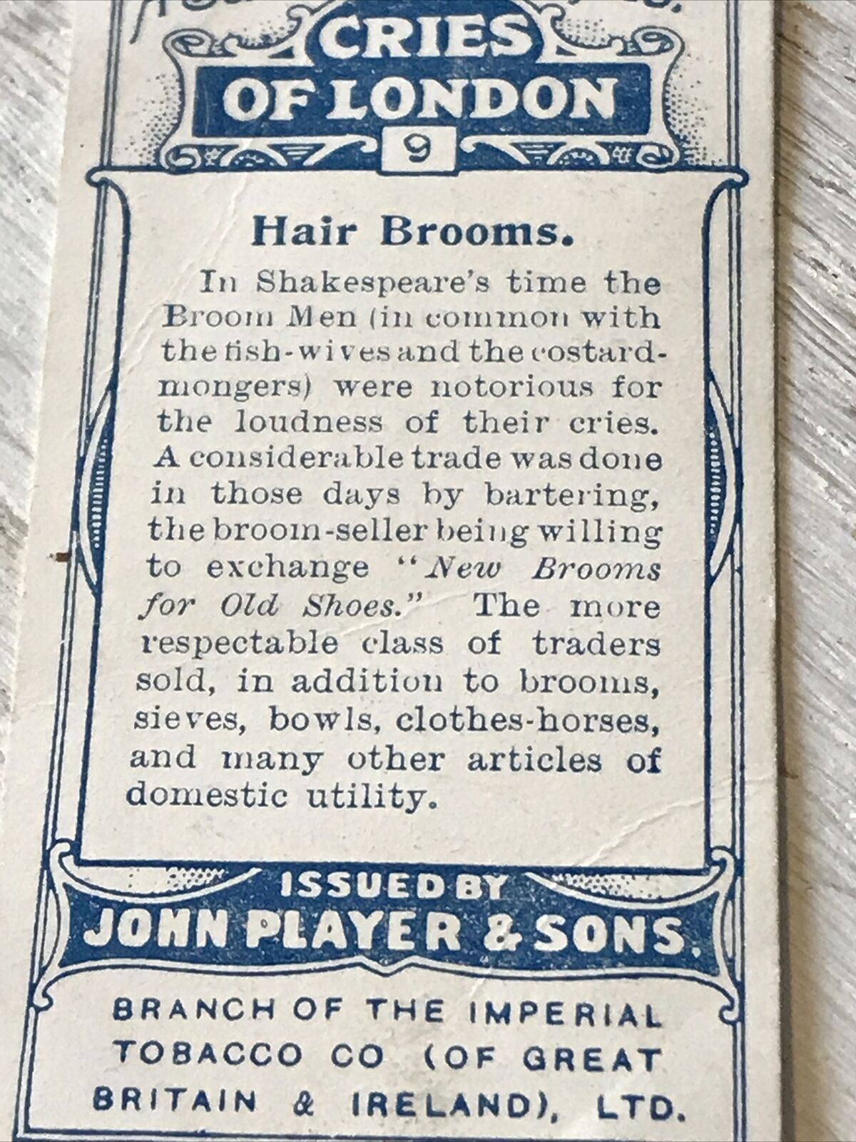 Players Cigarette Card Cries Of London Series 1 No9 Hair Brooms. Broom Seller