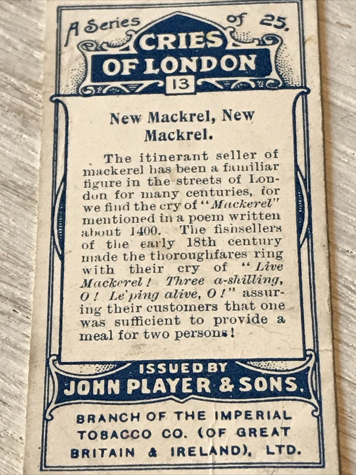 Players Cigarette Card Cries Of London Series 1 No13 New Mackrel Mackerel Seller