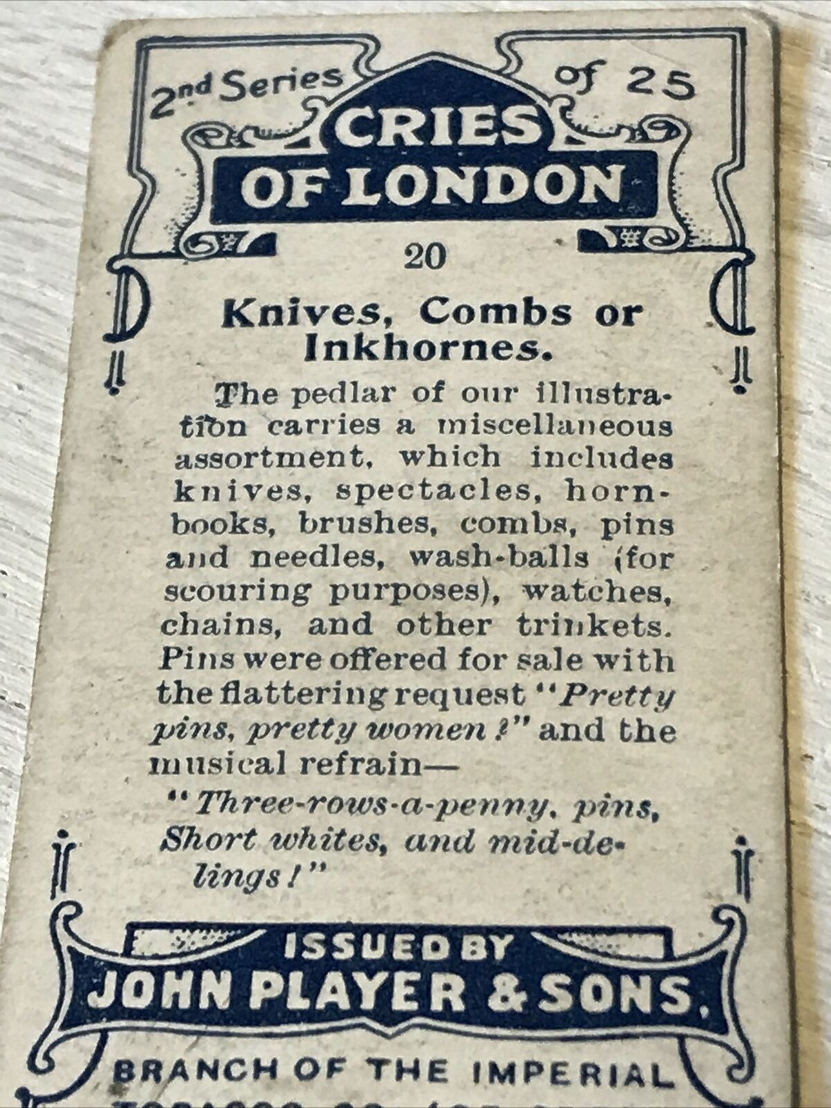 Players Cigarette Card Cries Of London Series 2 No20 Knives Combs Or Inkhornes