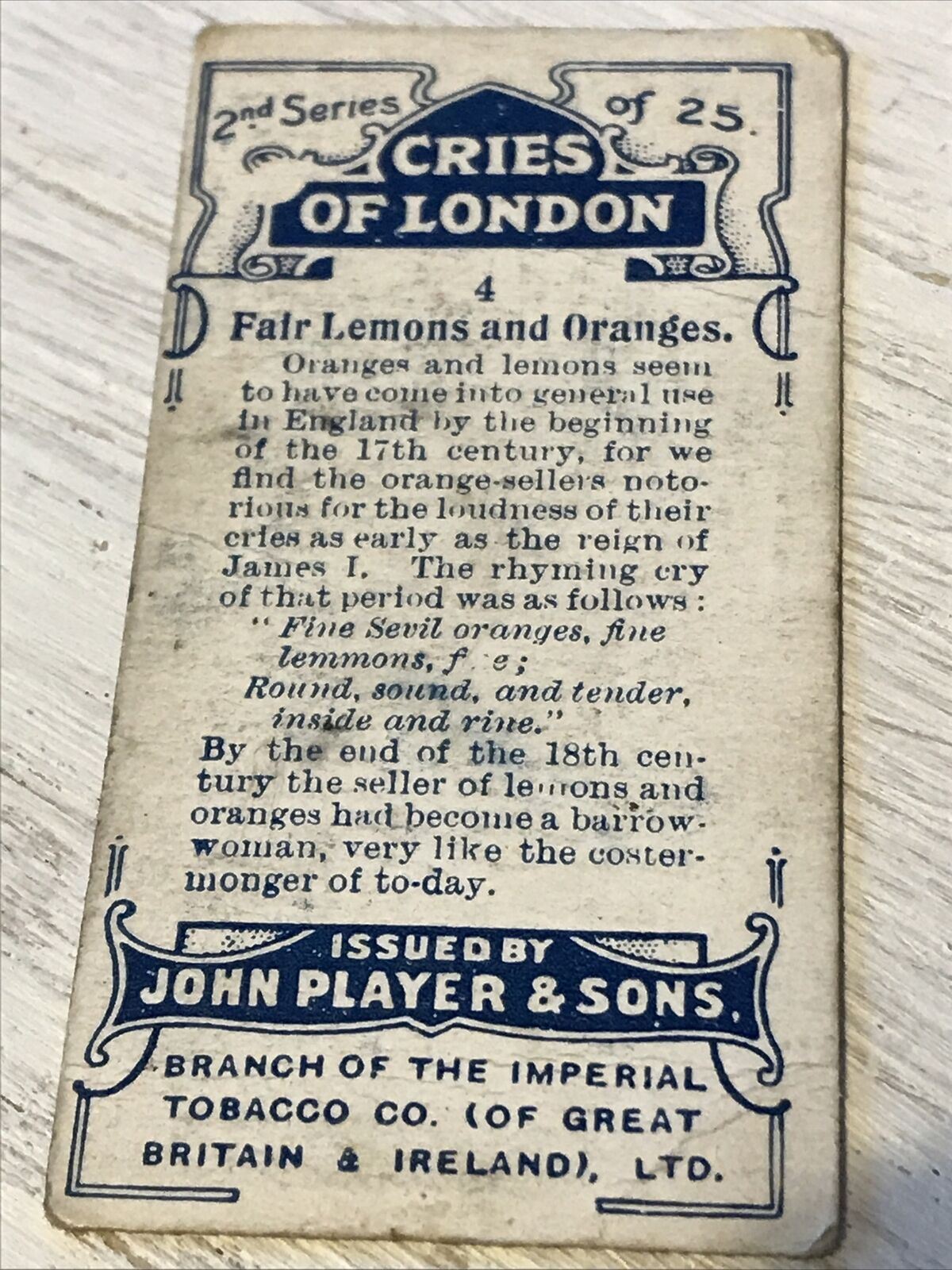 Players Cigarette Card Cries Of London Series 2 No 4 Fair Lemons & Oranges