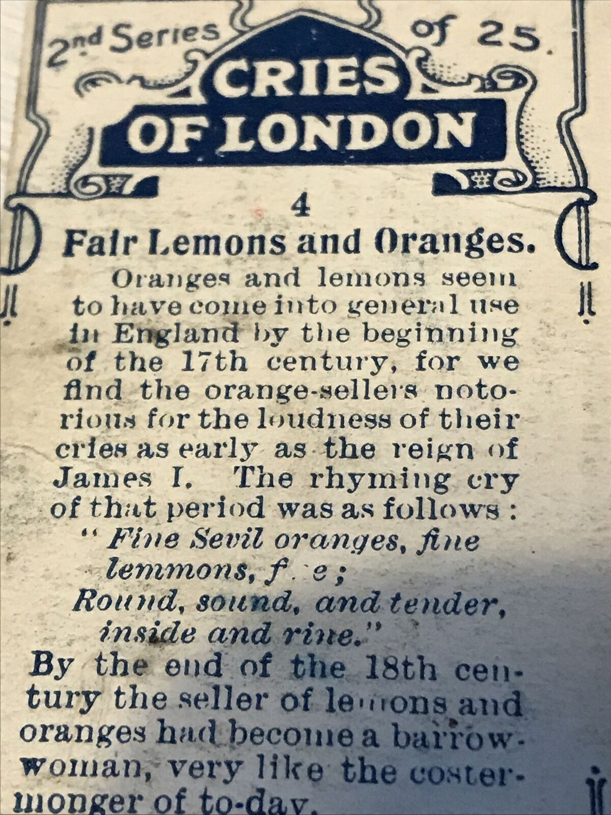 Players Cigarette Card Cries Of London Series 2 No 4 Fair Lemons & Oranges