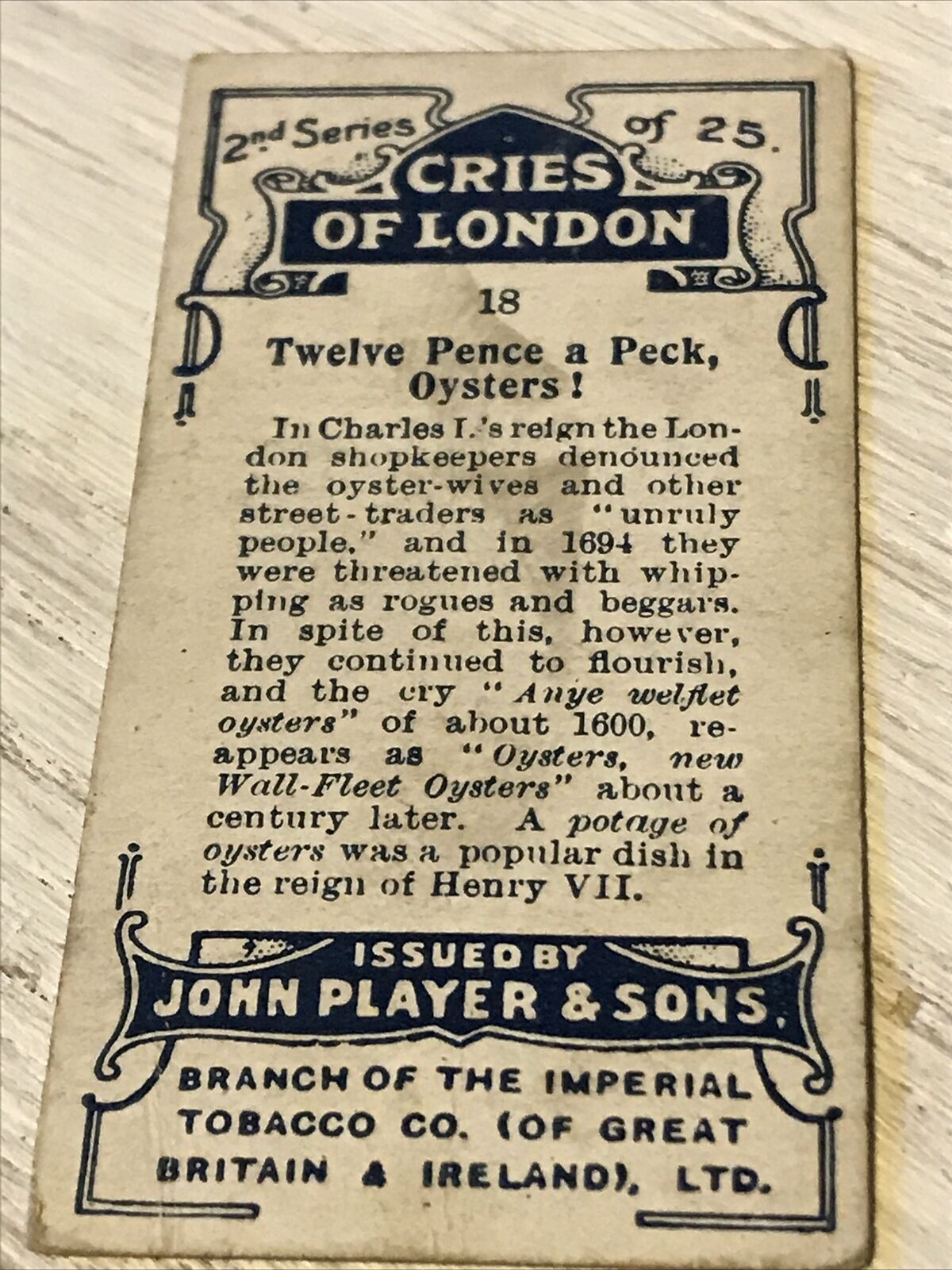 Players Cigarette Card Cries Of London Series 2 No 18 Twelve Pence A Peck Oyster