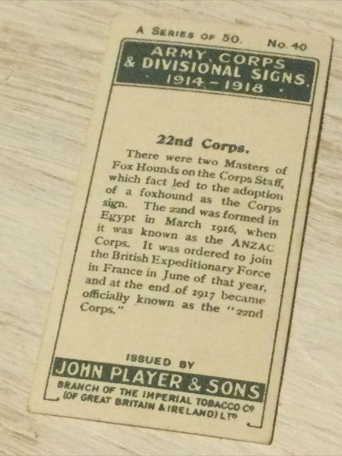 Players Cigarette Card Army Corps & Divisional Signs 1914-1918 No 40 22nd Corps