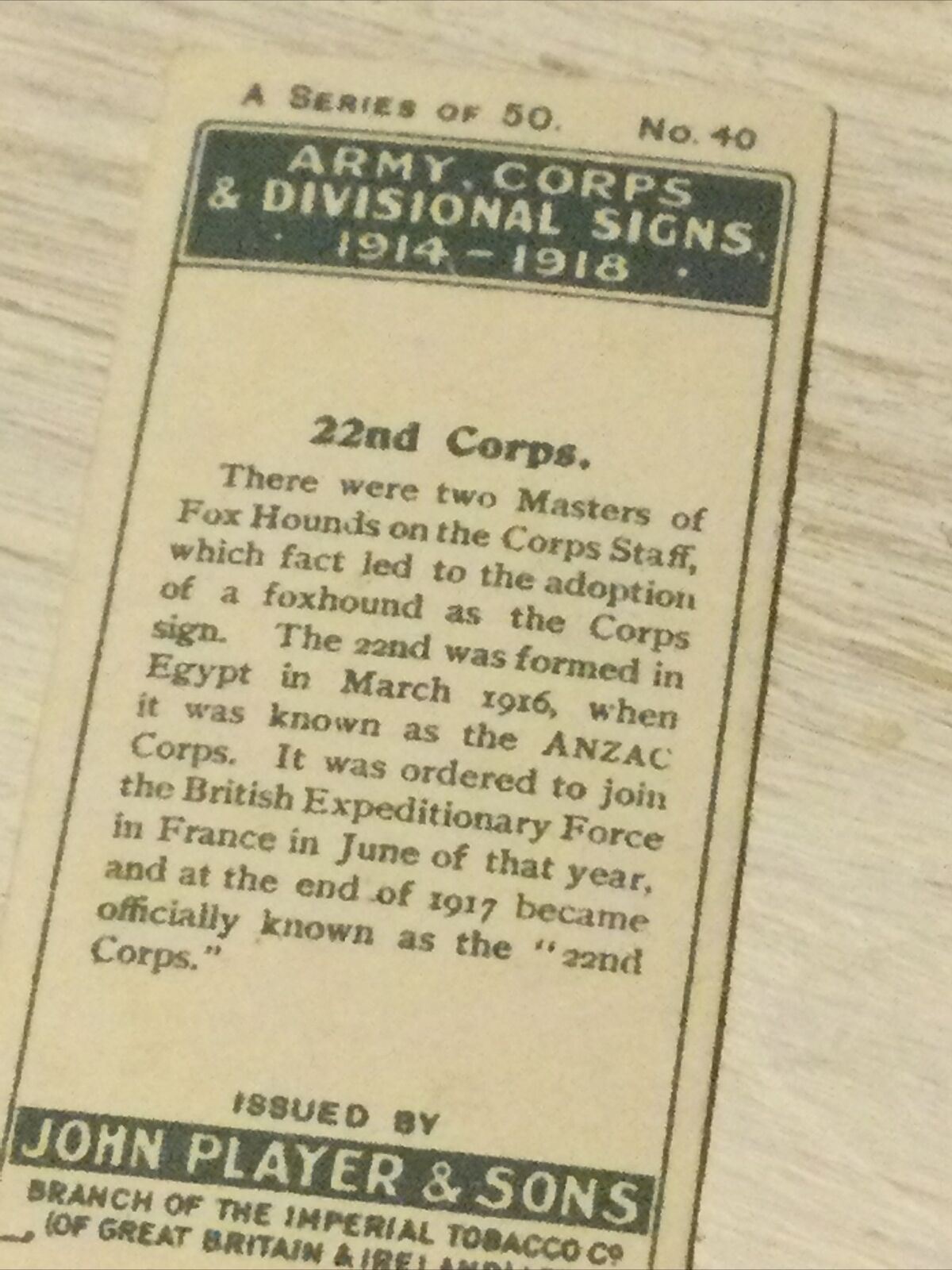 Players Cigarette Card Army Corps & Divisional Signs 1914-1918 No 40 22nd Corps