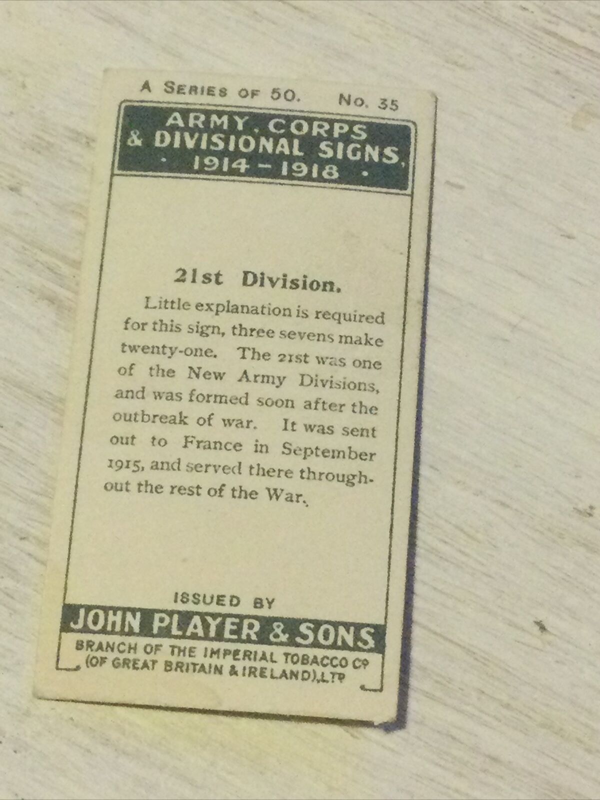 Players Cigarette Card Army Corps & Divisional Signs 1914-1918 No 35 21st Divisi