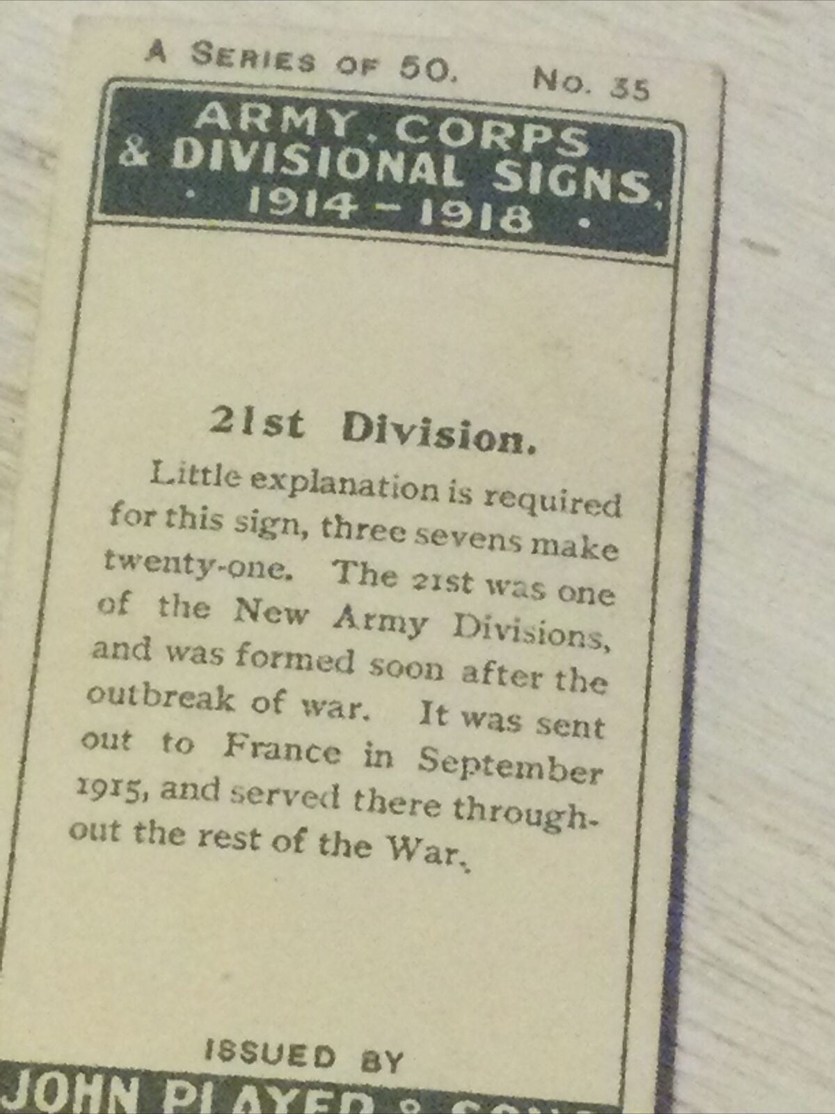 Players Cigarette Card Army Corps & Divisional Signs 1914-1918 No 35 21st Divisi