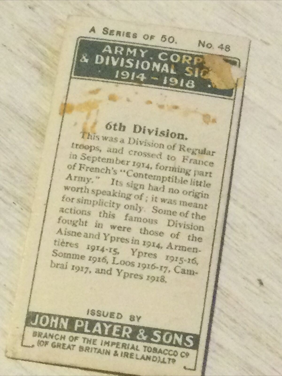 Players Cigarette Card Army Corps & Divisional Signs 1914-1918 No 48 6th Divisio