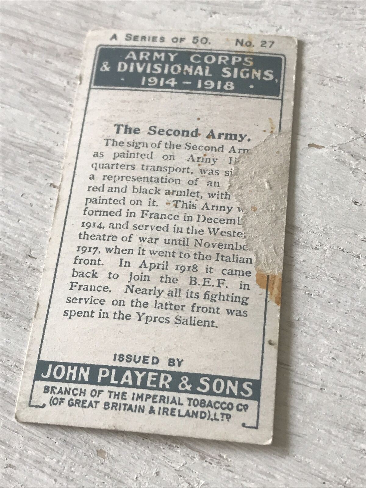 Players Cigarette Card Army Corps & Divisional Signs 1914-1918 No 27 Second Army