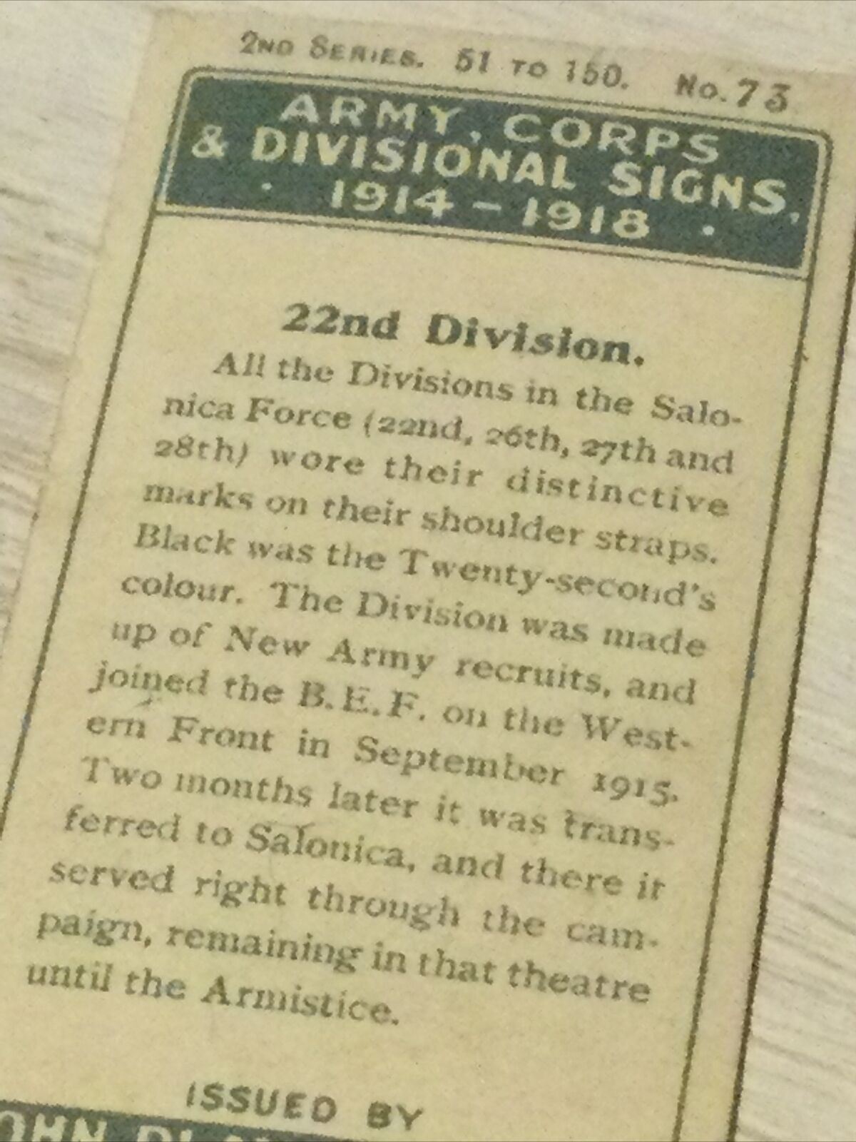 Players Cigarette Card Army Corps & Divisional Signs 1914-1918 No 73 22nd Divisi