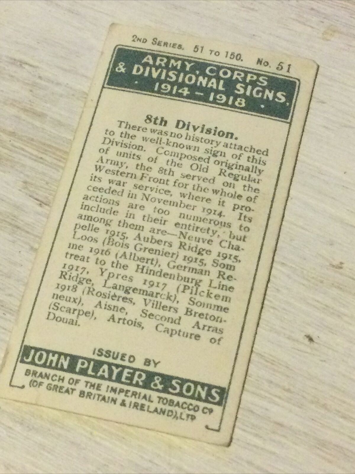 Players Cigarette Card Army Corps & Divisional Signs 1914-1918 No 51 8th Divisio