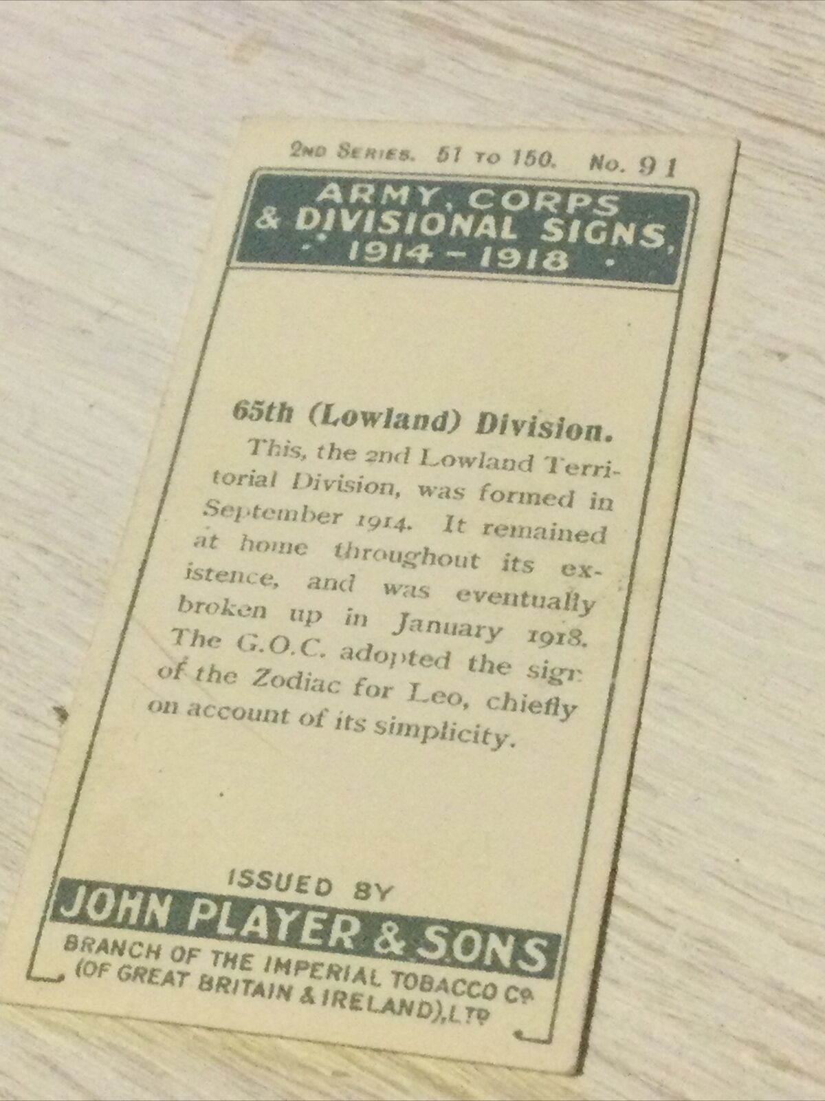 Players Cigarette Card Army Corps & Divisional Signs 1914-1918 No 91 65th Divisi