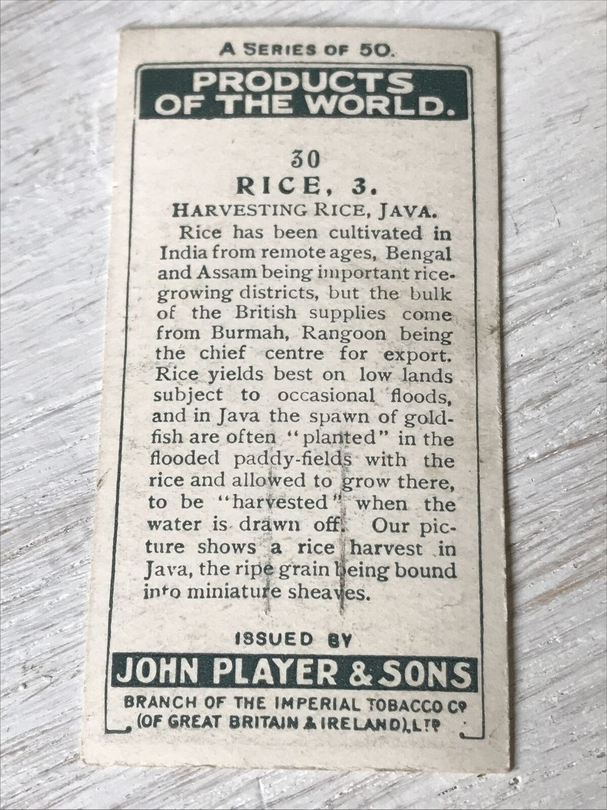 HARVESTING RICE, JAVA Players Cigarettes Card Products Of The World 3 30 Vintage