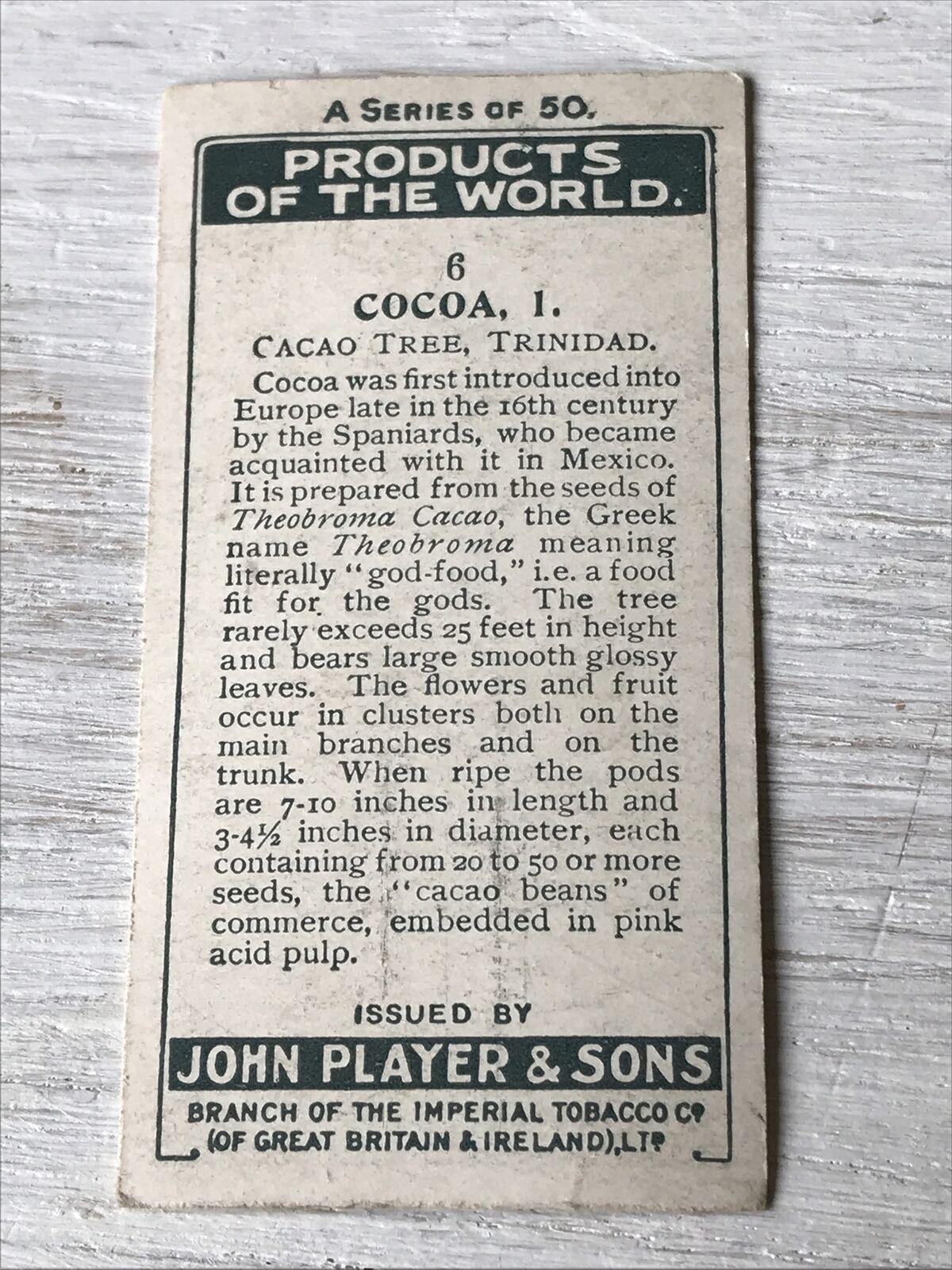 Vintage Players Cigarettes Card Products Of The World Cocoa 1 6 Cacao Tree Trini