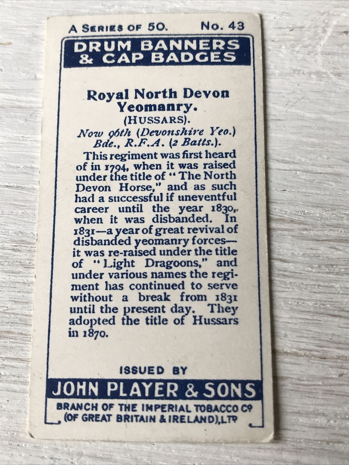 Vintage Players Cigarettes Card Drum Banners & Cap Badges 43 Royal North Devon