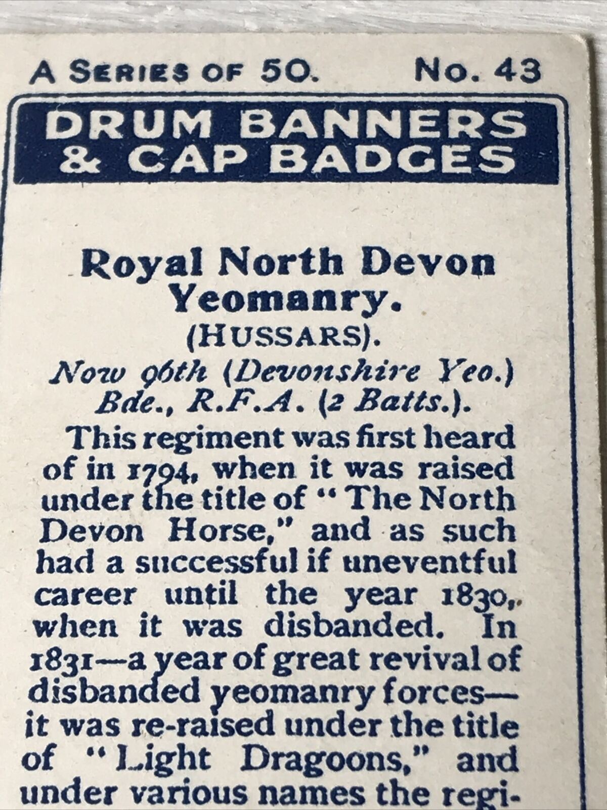 Vintage Players Cigarettes Card Drum Banners & Cap Badges 43 Royal North Devon