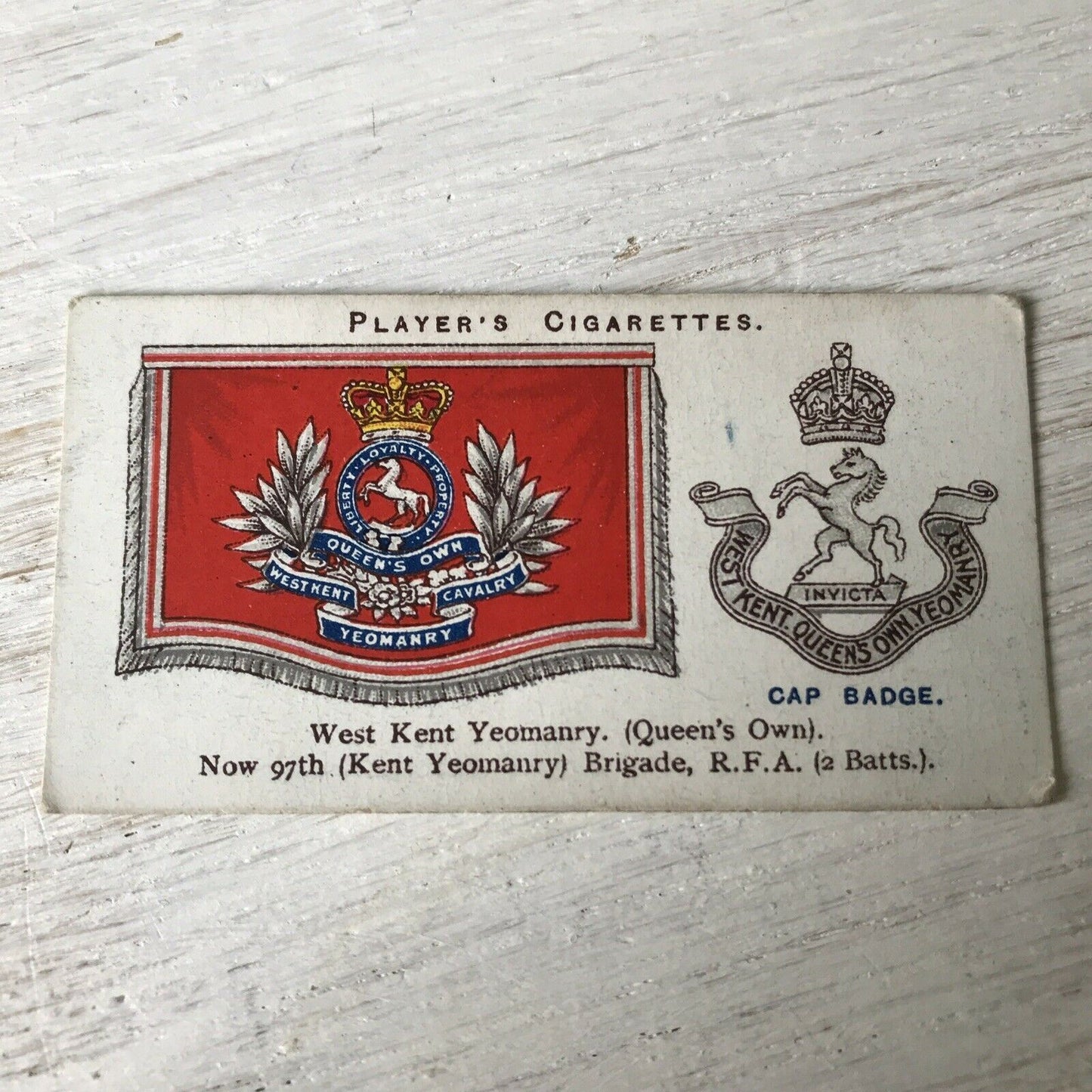 Vintage Players Cigarettes Card Drum Banners & Cap Badges 44 West Kent Yeomanry