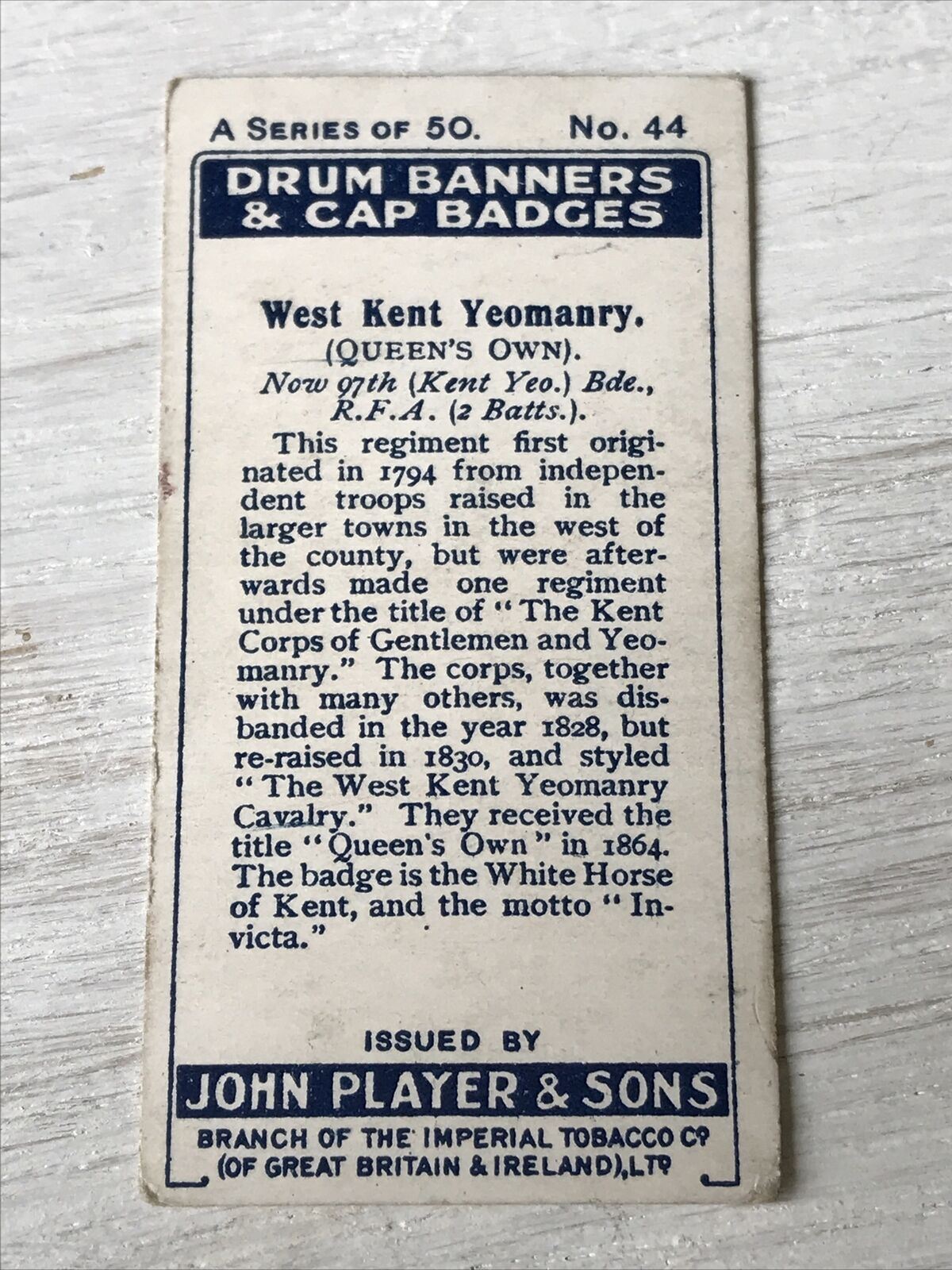 Vintage Players Cigarettes Card Drum Banners & Cap Badges 44 West Kent Yeomanry