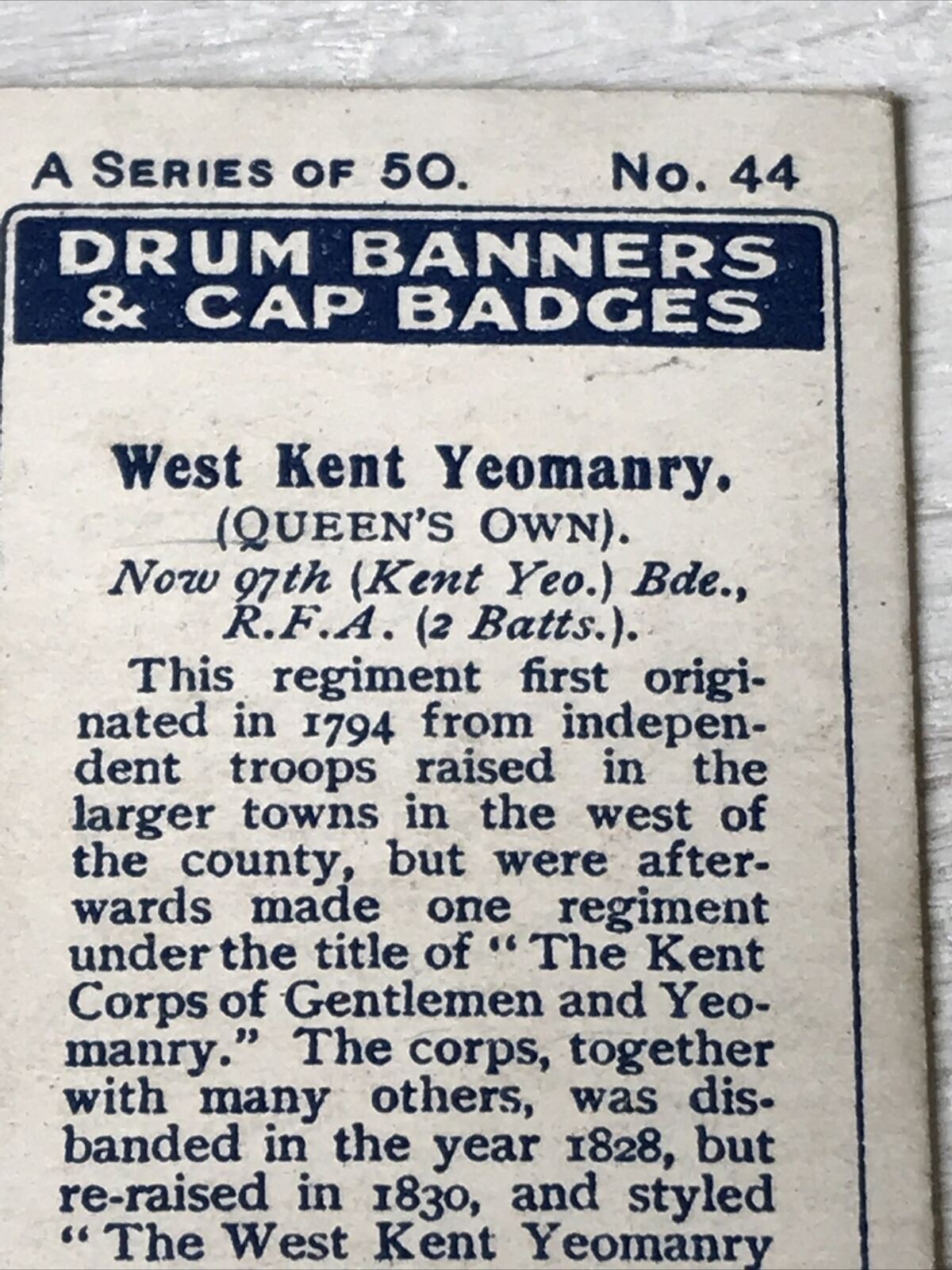 Vintage Players Cigarettes Card Drum Banners & Cap Badges 44 West Kent Yeomanry