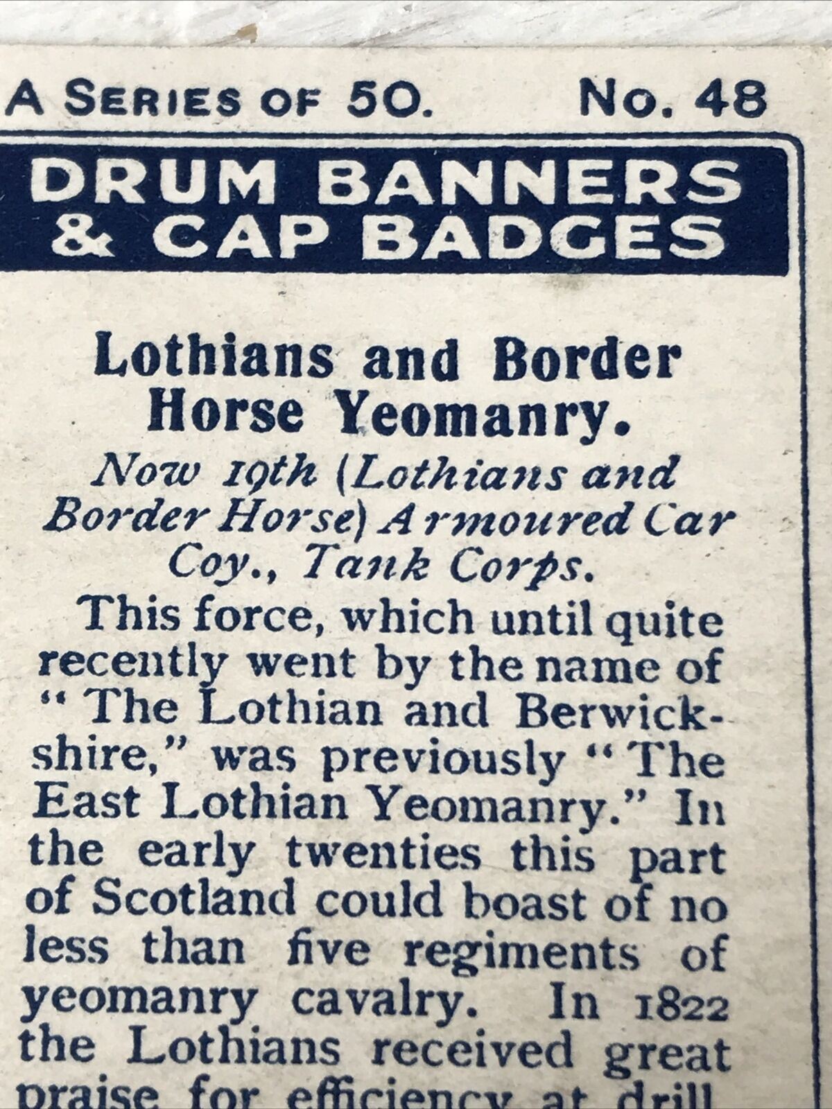 Vintage Players Cigarettes Card Drum Banners & Cap Badges 48 Lothians & Border