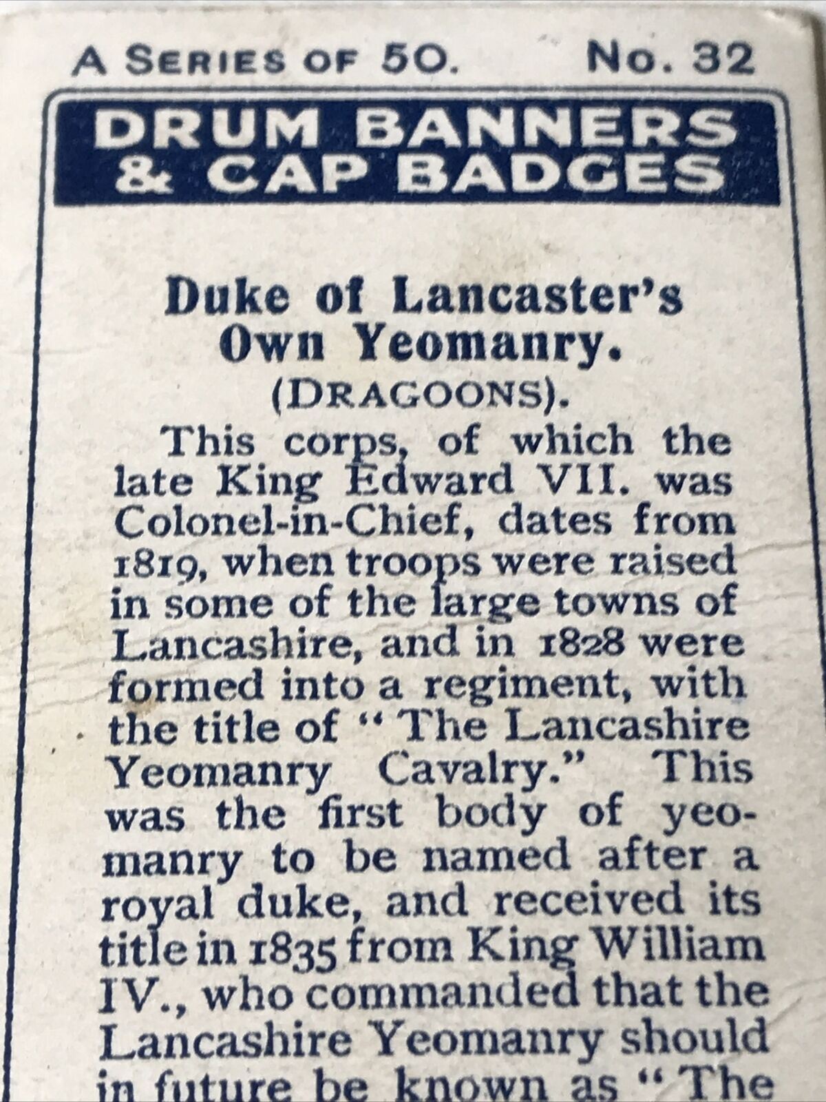 Vintage Players Cigarettes Card Drum Banners & Cap Badges 32 Duke Of Lancaster