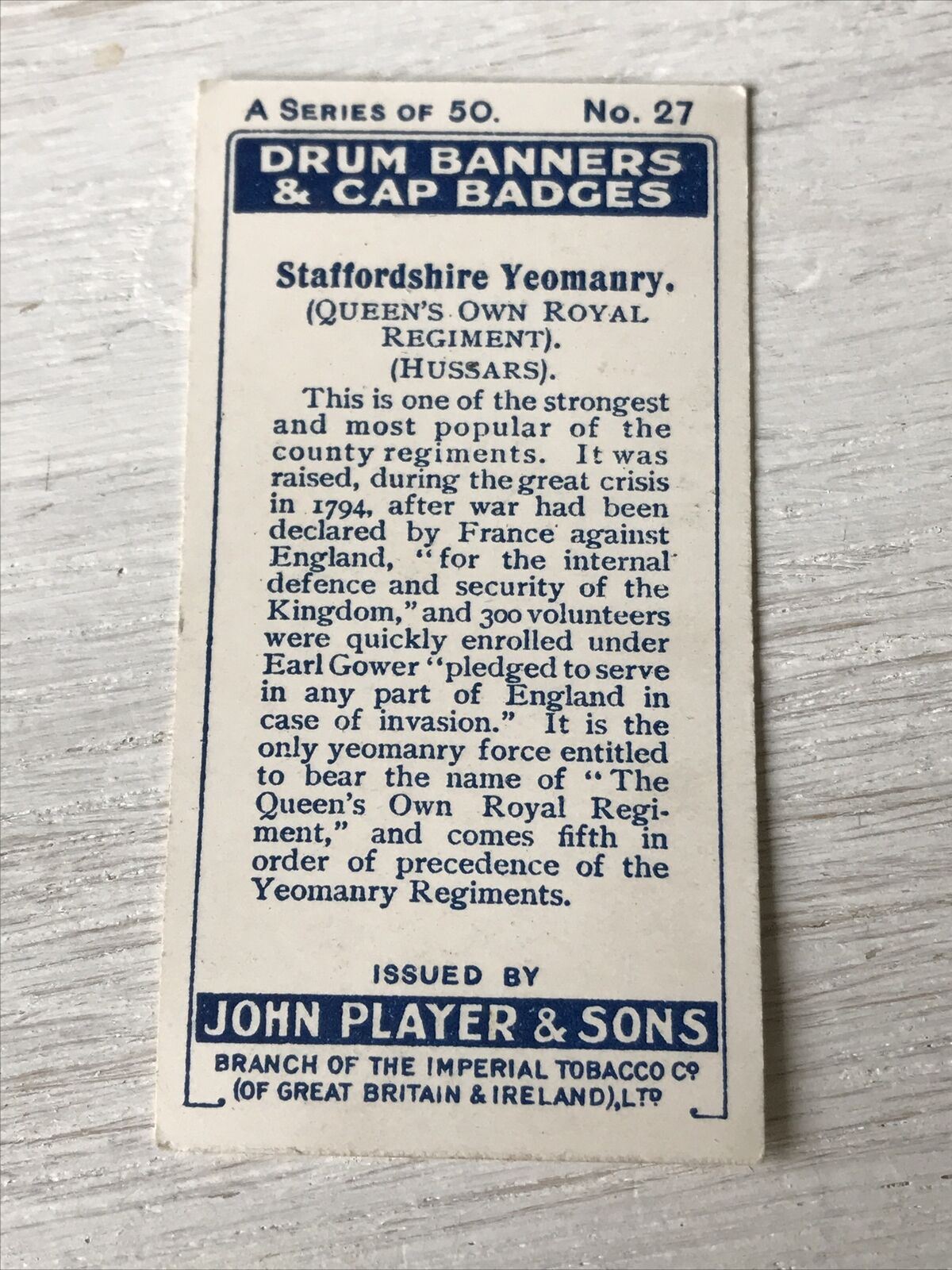 Vintage Players Cigarettes Card Drum Banners & Cap Badges 27 Staffordshire Regim