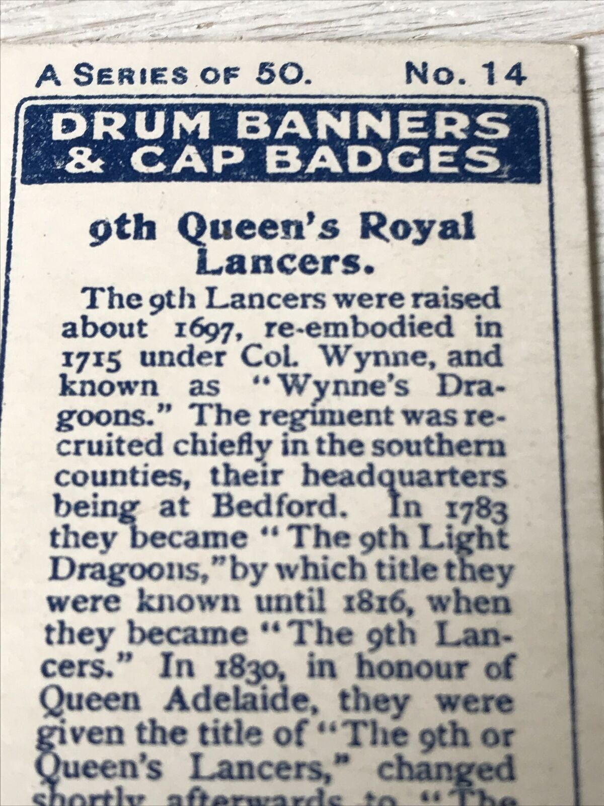 Vintage Players Cigarettes Card Drum Banners & Cap Badges 14 9th Queens Royal