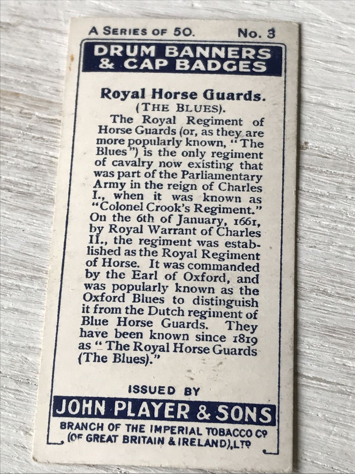 Vintage Players Cigarettes Card Drum Banners & Cap Badges 3 Royal Horse Guards