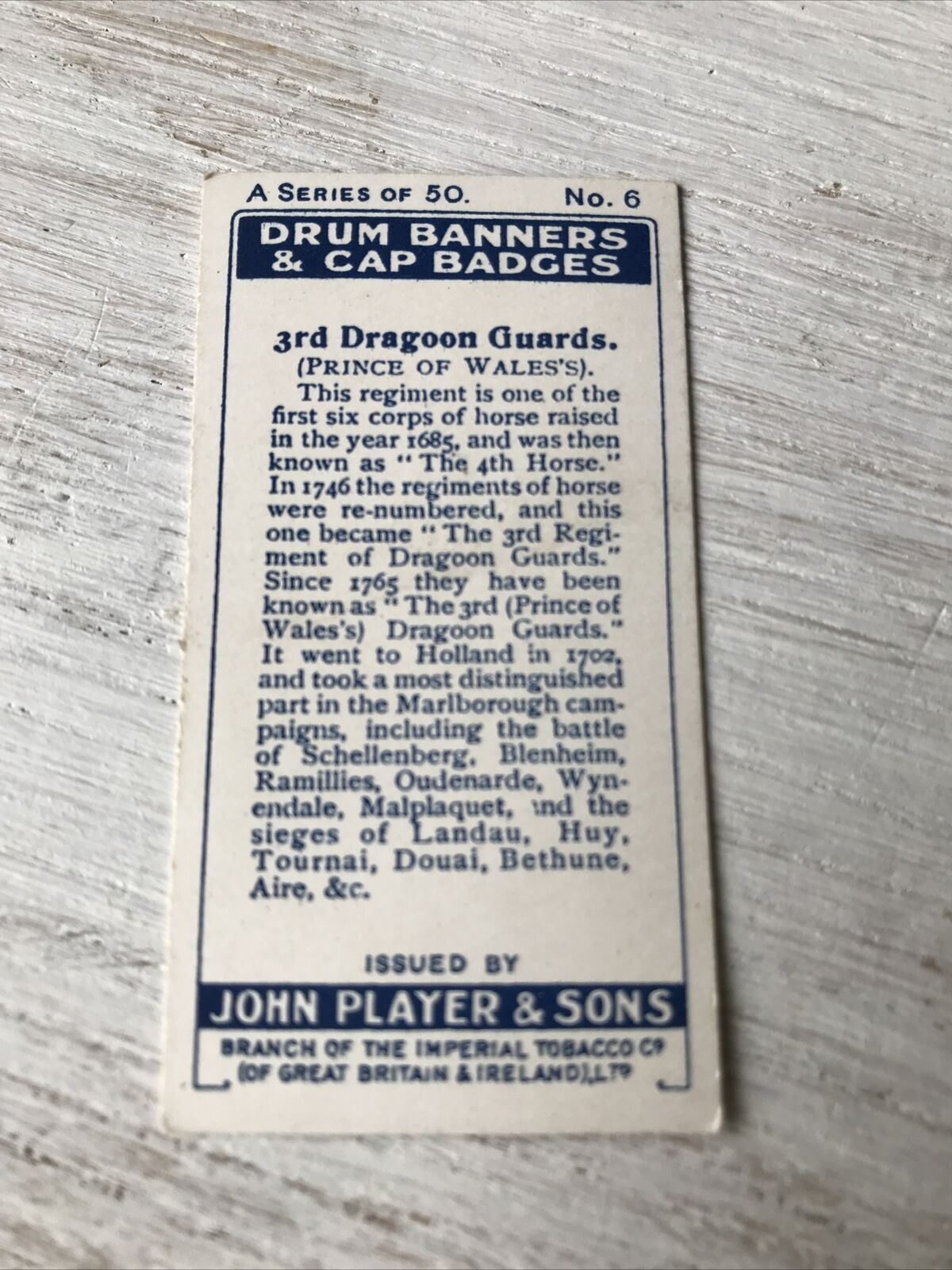 Vintage Players Cigarettes Card Drum Banners & Cap Badges 6 3rd Dragoon Guards