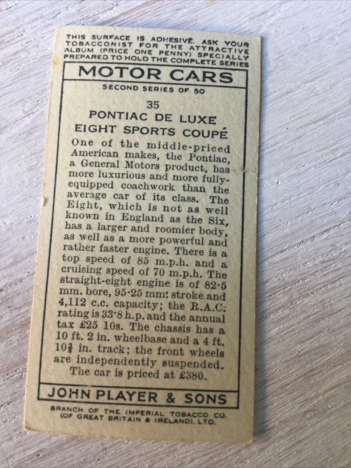 Vintage Players Cigarettes Card Motor Cars Series 2 35 Pontiac De Luxe Eight