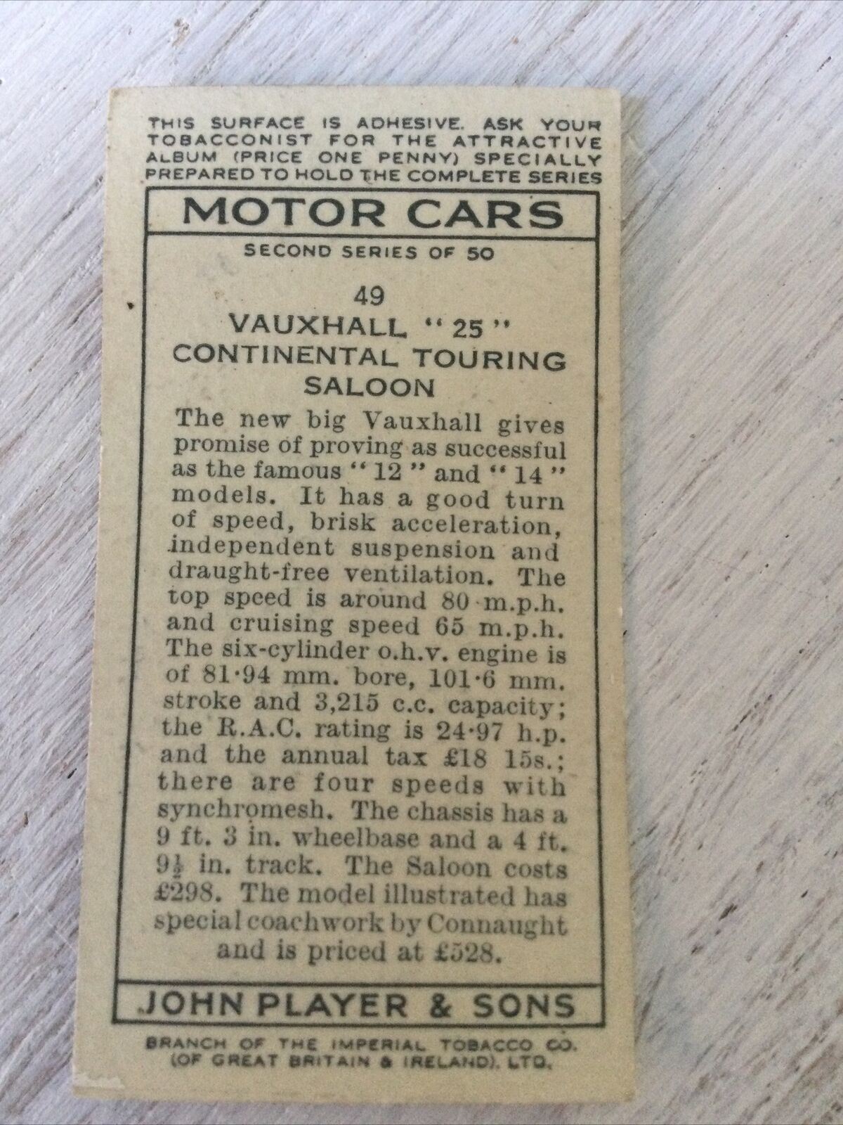 Vintage Players Cigarettes Card Motor Cars Series 2 49 Vauxhall 25 Continental