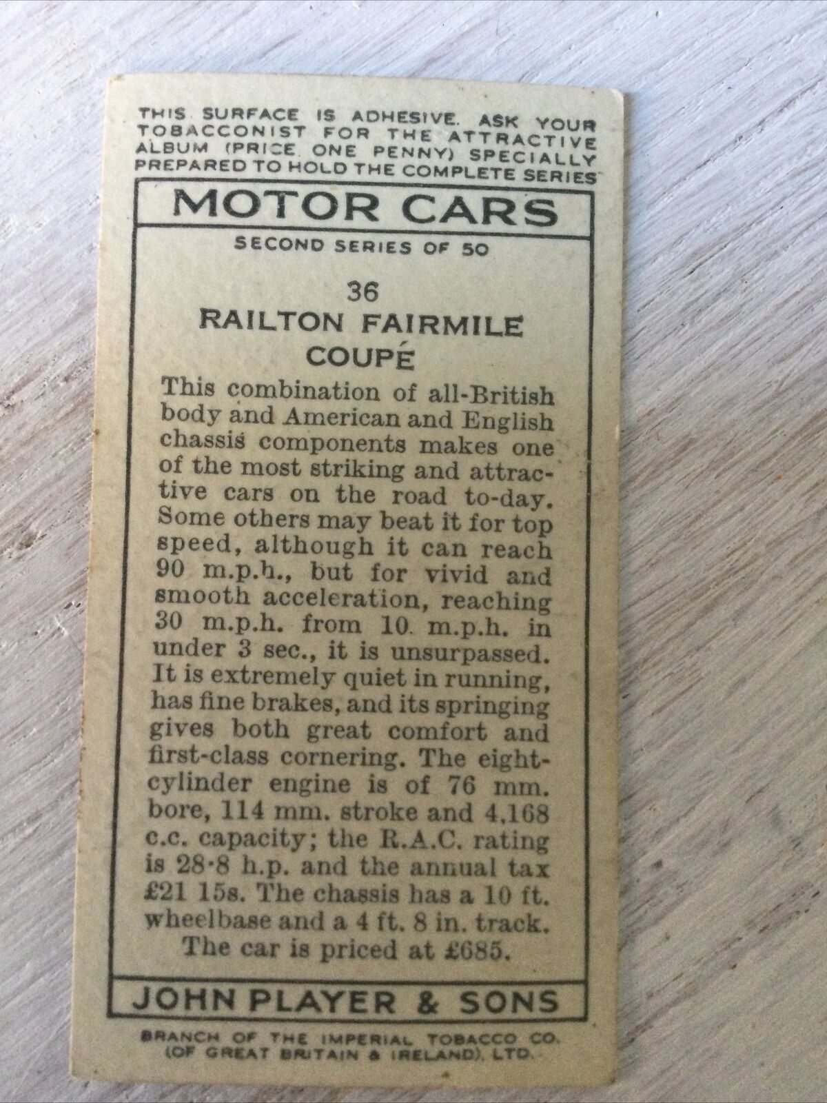 Vintage Players Cigarettes Card Motor Cars Series 2 36 Railton Fairmile Coupe