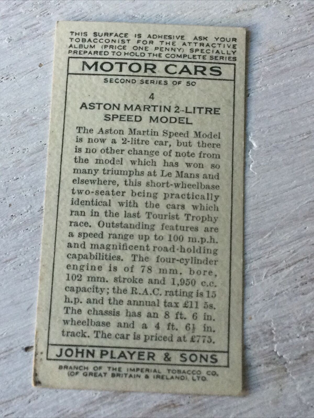 Vintage Players Cigarettes Card Motor Cars Series 2 4 Aston Martin 2 Litre Speed