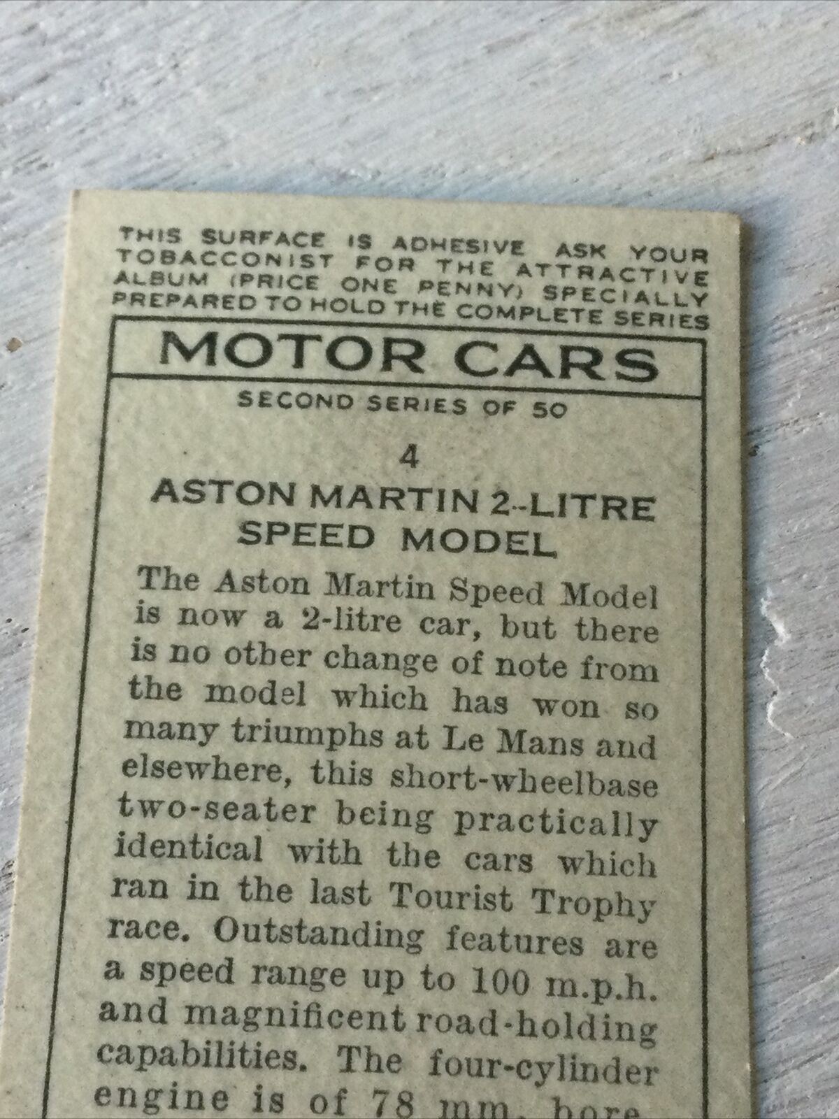 Vintage Players Cigarettes Card Motor Cars Series 2 4 Aston Martin 2 Litre Speed