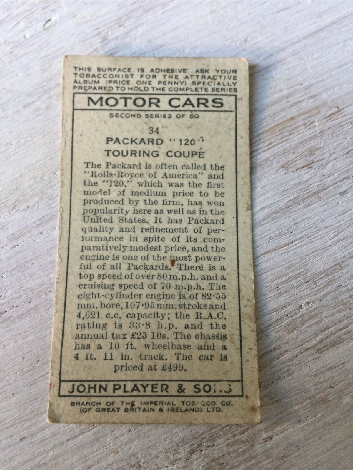 Vintage Players Cigarettes Card Motor Cars Series 2 34 Packard 120 Touring Coupe