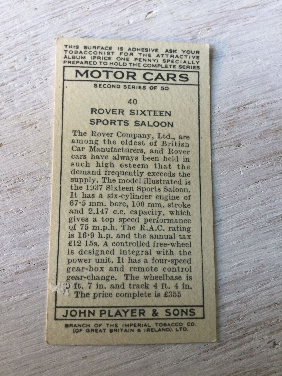 Vintage Players Cigarettes Card Motor Cars Series 2 40 Rover Sixteen Sports Red