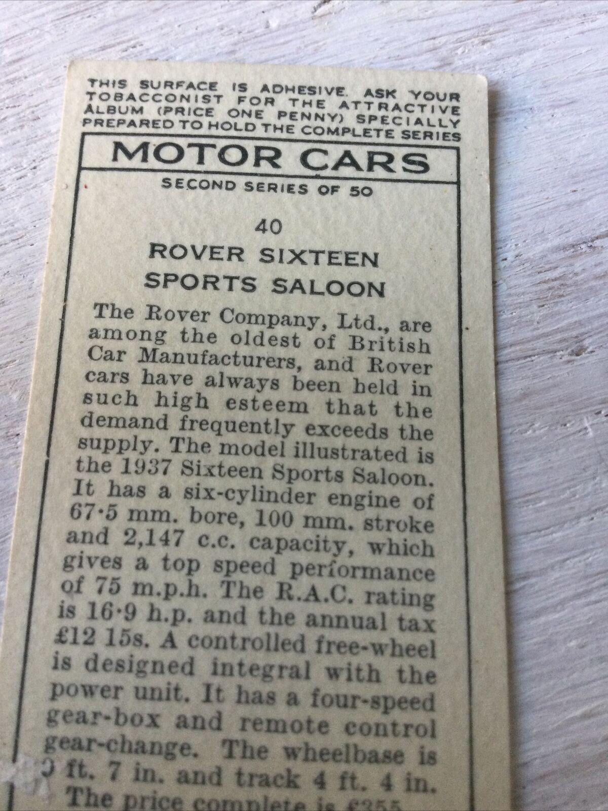 Vintage Players Cigarettes Card Motor Cars Series 2 40 Rover Sixteen Sports Red