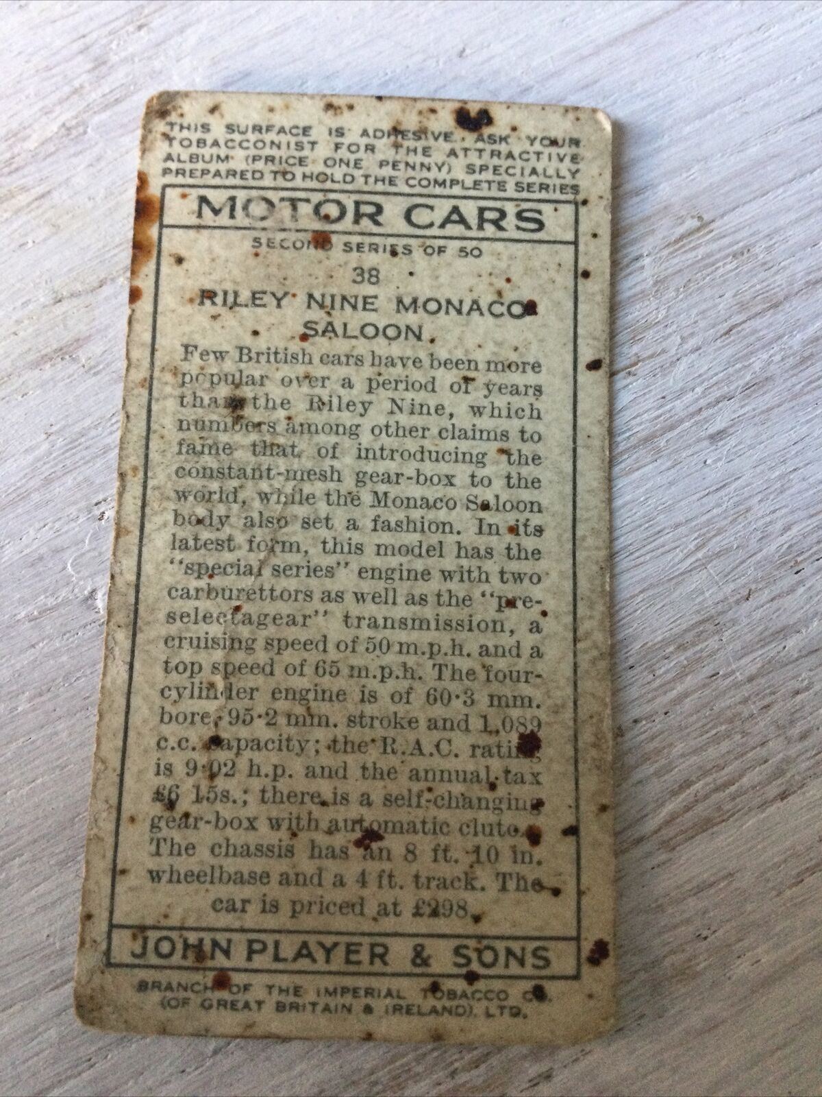 Vintage Players Cigarettes Card Motor Cars Series 2 38 Riley Nine Monaco Saloon