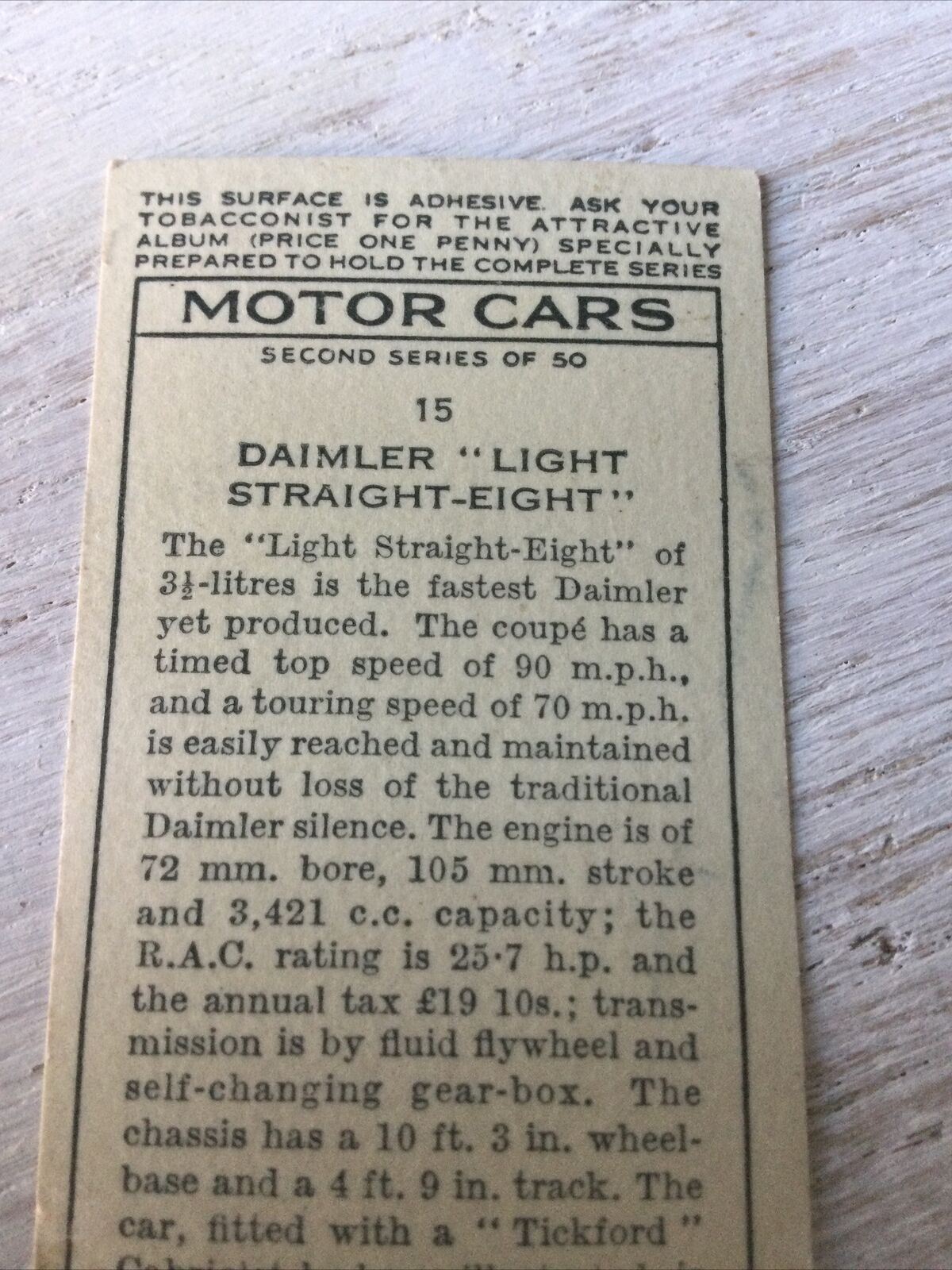 Vintage Players Cigarettes Card Motor Cars Series 2 15 Daimler Light Straight 8